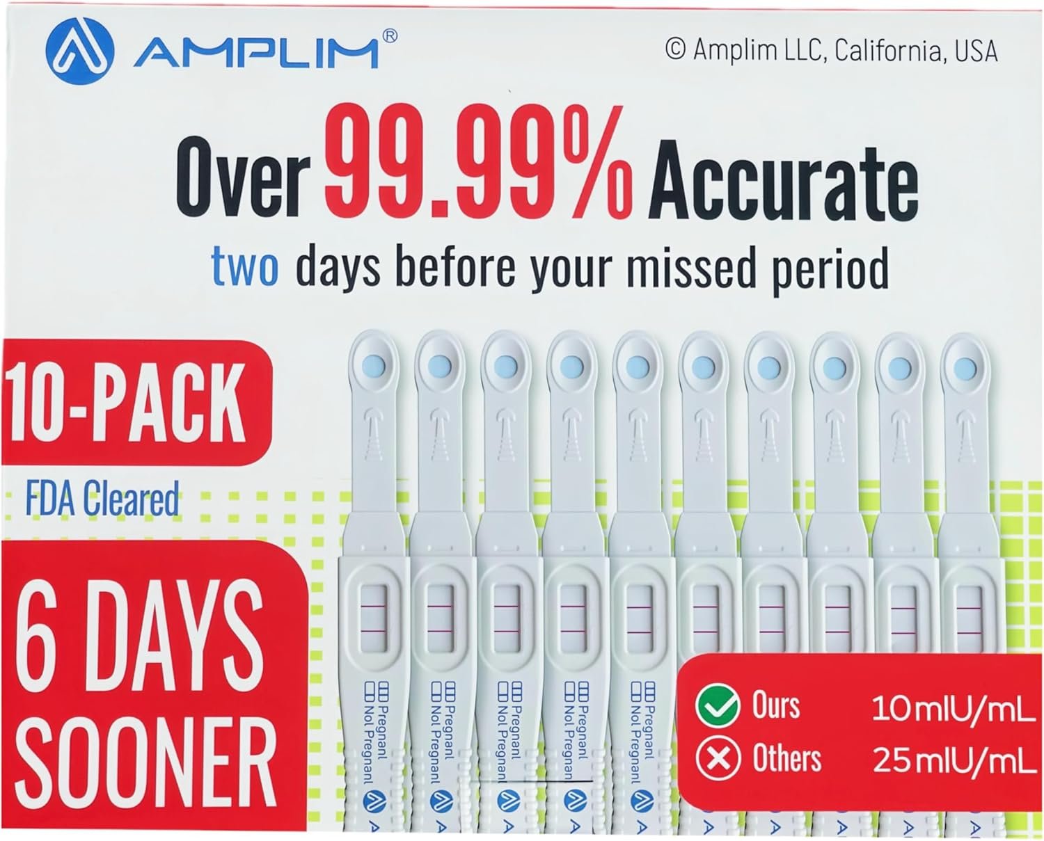 Amplim Pregnancy Test Sticks, HCG Early Detection 6 Days Sooner, Extra Sensitive 10mIU/mL Over 99.99% Accurate, Fast Clear Results in Minutes, Easy Midstream Home Use, 10 Count