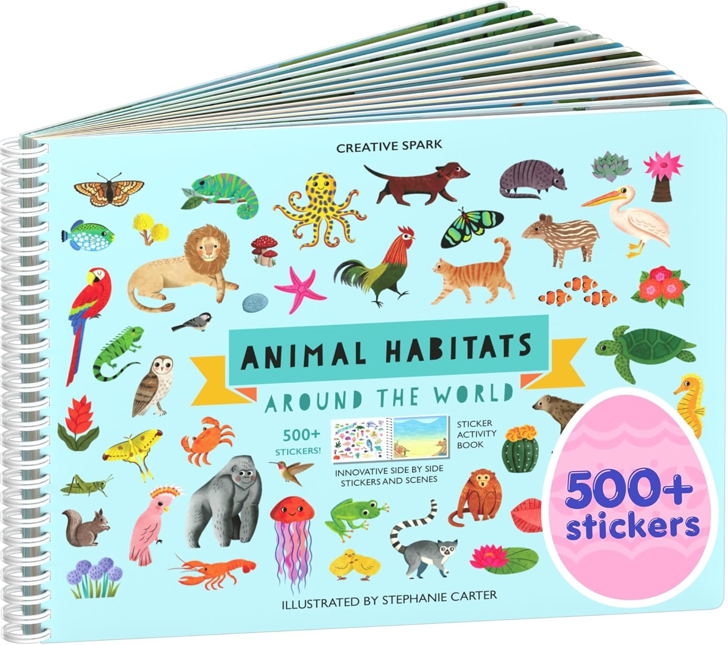 Animals Habitat 500+ Kids Sticker Book by Cupkin Toddler Airplane Travel Activity Coloring and Sticker Book, 12 Coloring Pages + 12 Scenes for Children's of 2-8 Years, Easter Gifts for Kids