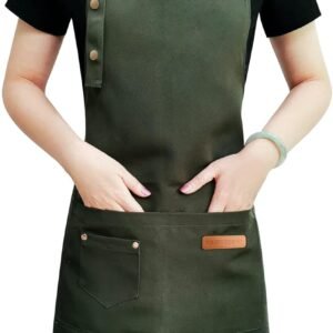 Apron for Men Women with Adjustable Straps and Large Pockets, Canvas Cotton Cooking Kitchen Chef Bib Aprons Waterproof Green
