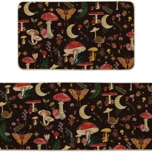 Artoid Mode Black Mushrooms Butterfly Spring Kitchen Mats Set of 2, Home Decor Low-Profile Kitchen Rugs for Floor - 17x29 and 17x47 Inch