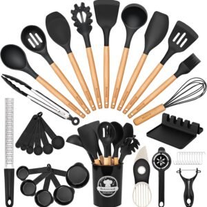 Astercook 39 PCS Kitchen Utensils Set, Silicone Cooking Utensils Set with Wooden Handle, 446°F Heat Resistant Food Grade Utensil Sets, BPA Free Kitchen Gadgets Tools Set for Nonstick Cookware (Black)