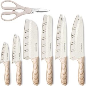 Astercook Knife Set, 13 Pieces Kitchen Knives Set with Ceramic Coating, Stainless Steel Chef Knife Sets with 6 Blade Guards, Dishwasher Safe Knives with Wooden Handle, White
