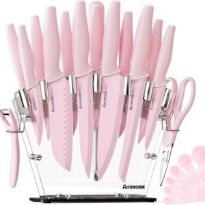 Astercook Knife Set with Block and Sharpener, 22 Piece Kitchen Knife Set Dishwasher Safe, Space-Saving Clear Knife Block with Knives for Everyday Home Cooking Pink