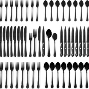 Astercook Silverware Set 48-Piece Black Flatware Set with Steak Knives Food-Grade Stainless Steel Cutlery Set for 8 Mirror Polished Utensils Set Include Spoons and Forks for Home Kitchen Restaurant