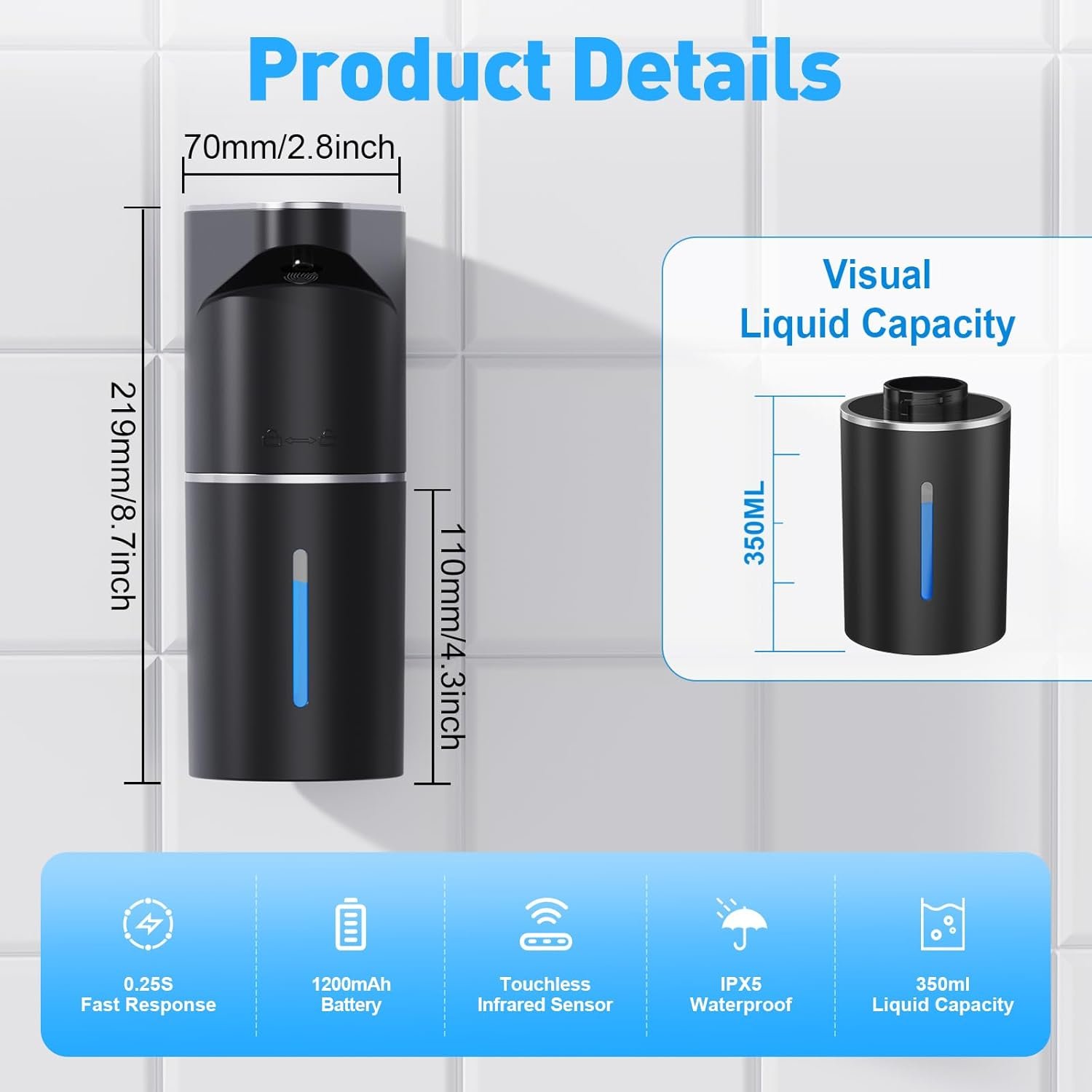 Automatic Soap Dispenser,Touchless Hand Wall Mount Rechargeable 3 Gear Adjustable Electric Soap Dispenser 350ml with Infrared Motion Sensor for Bathroom,Kitchen,Office, Black Gel - Image 2