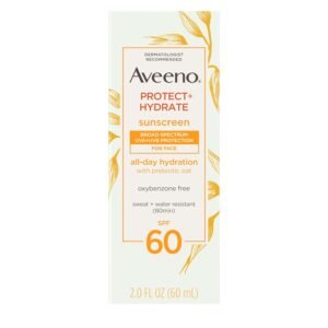 Aveeno Protect + Hydrate Face Sunscreen, SPF 60 Broad Spectrum, for Sensitive Skin, Travel Size, Water Resistant (80 minutes), Paraben, Oxybenzone & Oil Free, 2 fl oz
