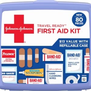 BAND-AID Brand Travel Ready Portable Emergency First Aid Kit for Minor Wound Care, Perfect for Home, Car, Travel, Camping Essentials & Outdoor Emergency Kit, 80 Pieces