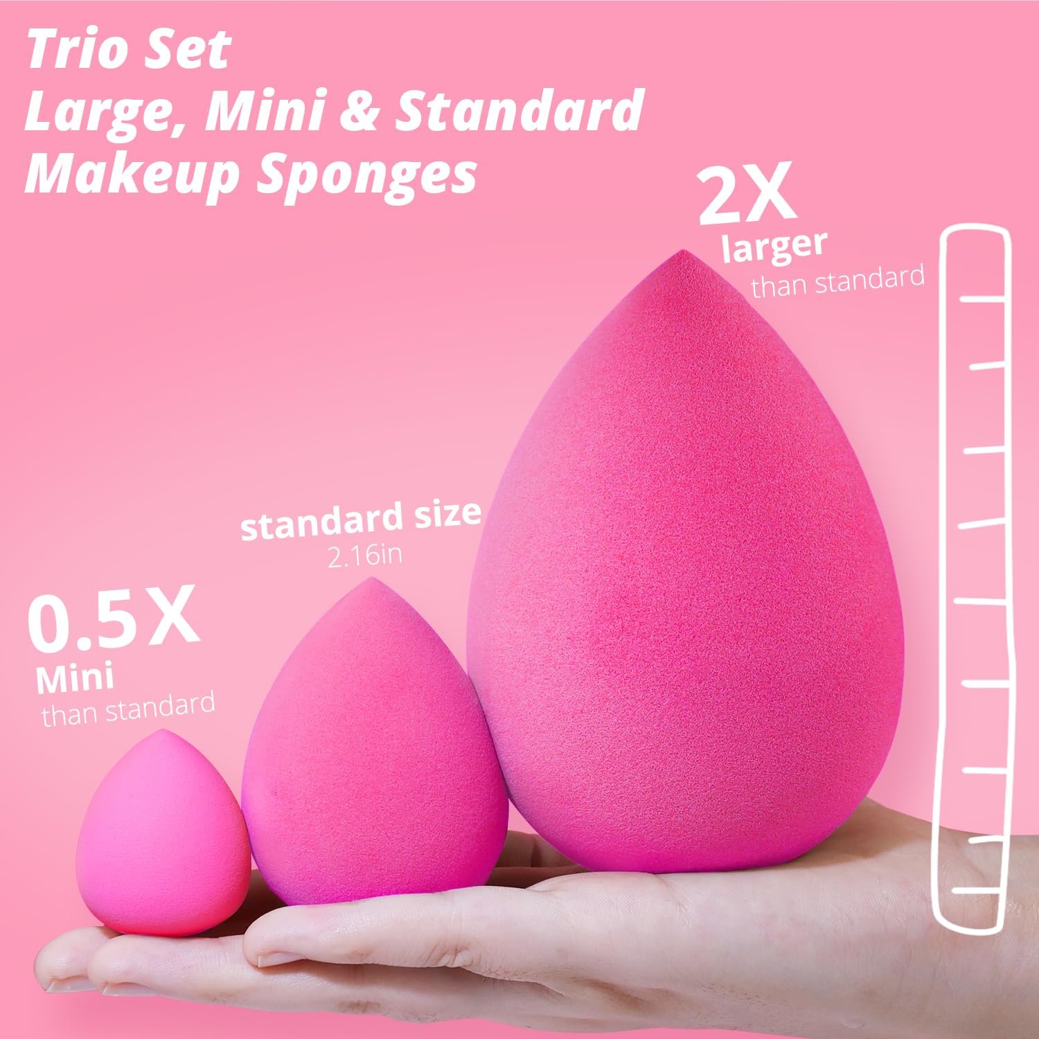 BEAKEY Trio Set Large, Mini and Standard Makeup Sponges with Soft and Bouncy Touch, Beauty Sponges Blender in Rose Pink for Powder, Cream and Liquid Blending - Image 2