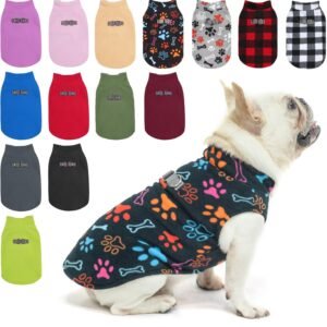 BEAUTYZOO Small Dog Sweater Fleece Vest Winter Jacket, D-Ring Leash Attachment for XS S Puppy Medium Sized Breeds Dogs, Cold Weather Dog Clothes Windproof Keep Warm, Black Bones Paw L
