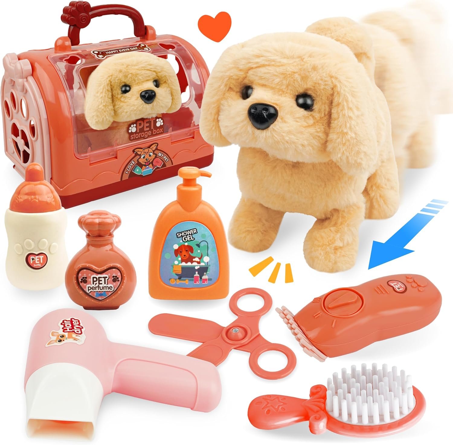 BELLOCHIDDO Dog Toys for Kids - Toddler Girls Toy Interactive Electric Walking Barking Puppy Wagging Tail, with Carrier and Pet Care Playset Accessories, Gifts for 1 2 3 4 5 6+ Year Old