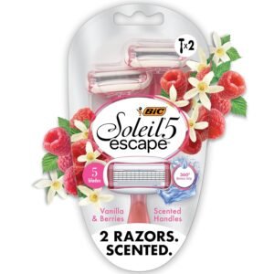 BIC Soleil 5 Escape Women's Disposable 5 Blade Razors, Vanilla and Berry Scented Handles, Comfort Shield, 2-Pack