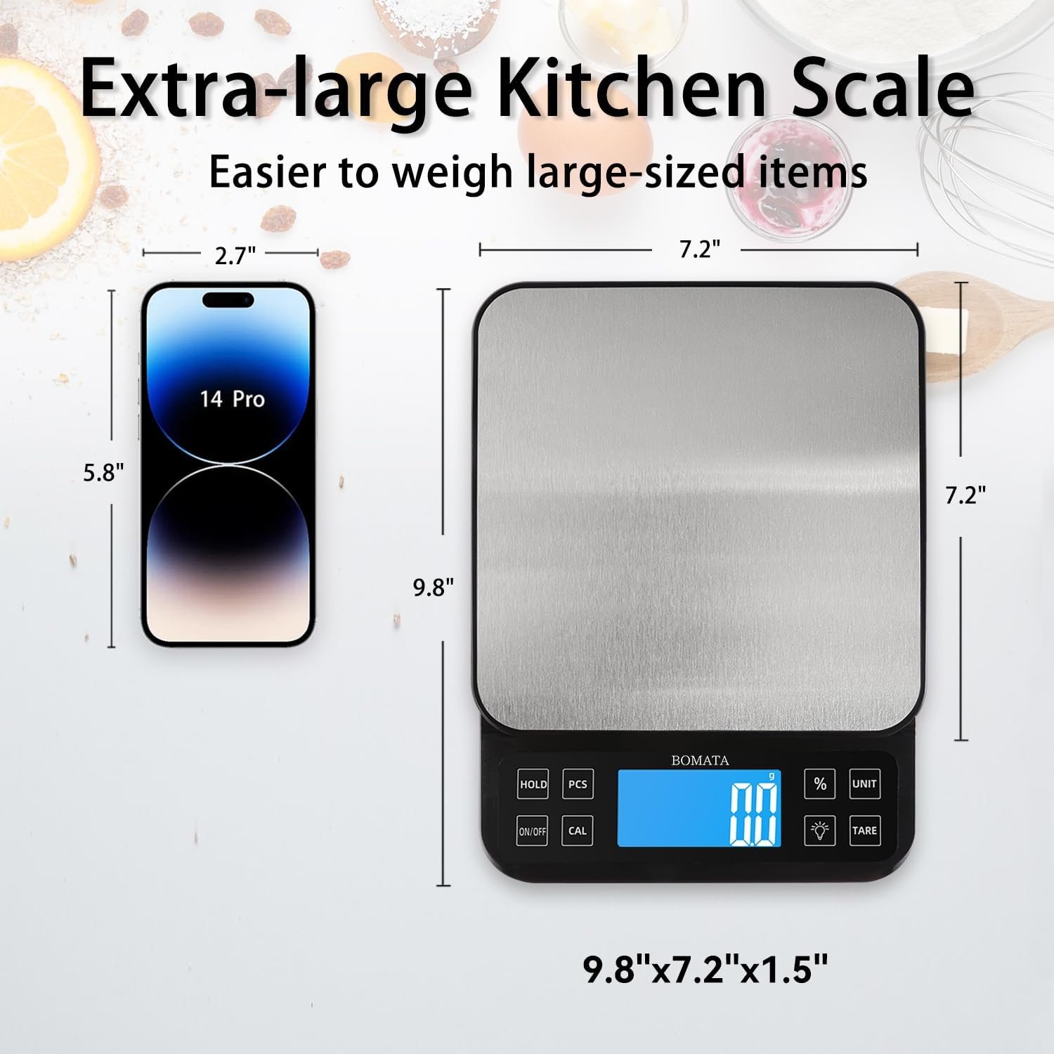 BOMATA Large Kitchen Scale with 0.1g/0.001oz High Precision, 5kg/11lb Bakery Scale with% Percentage Function, USB Rechargeable, Full-View Angle LCD with Backlight, Stainless Steel Pan - Image 2