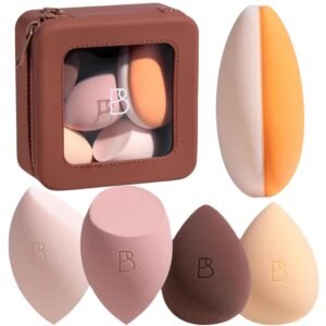 BS-MALL Makeup Sponge Set Pro Version– V3.0 Soft Blending Tech For Foundation Blending Blush Highlight 1 XL Dual-Use Makeup Sponge & Waterproof Silicone Cosmetic Travel Bag Brown