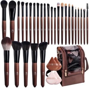 BS-MALL Professional Makeup Brush Set 28 Pcs With Travel Makeup Bag,Concealer Brush, Foundation Brush, Blush Brush, 4 Pcs Triangle Puff & makeup sponges for Flawless beauty on the Go