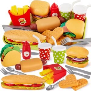 BUYGER Fast Food Play Food Toys for Kids Toddler Children Toy Kitchen Accessories Playset Plastic Toy Food Sets Pretend Play Gifts for 3 4 5+ Years Old