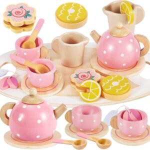 BUYGER Kids Wooden Tea Party Set for Little Girls Toddler Pretend Play Food Kitchen Accessories Princess Birthday Gifts for Ages 3 4 5 Years Old