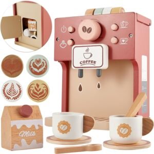 BUYGER Toy Coffee Maker for Kids, Wooden Coffee Playset Pretend Play Kitchen Accessories Gifts for Ages 3 4 5 Year Old Kids Toddler Boys Girls