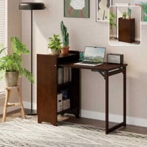Bamboo Folding Desk for Small Spaces,Hidden Desk with Storage Shelf, Foldable Computer Desk for Bedroom Home Office, Mid Century Modern Fold Out Table Writing Table, Walnut