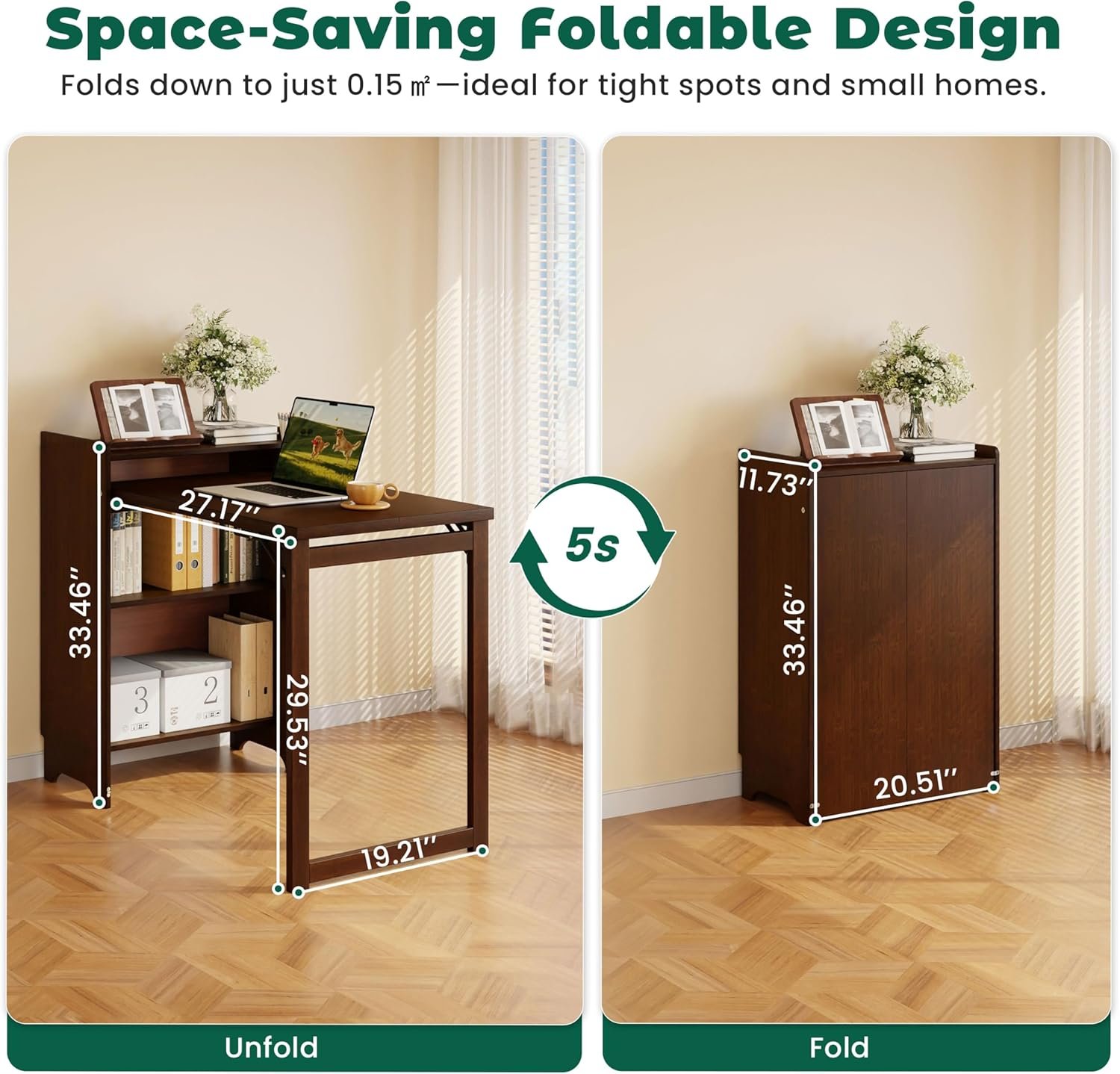 Bamboo Folding Desk for Small Spaces,Hidden Desk with Storage Shelf, Foldable Computer Desk for Bedroom Home Office, Mid Century Modern Fold Out Table Writing Table, Walnut - Image 2