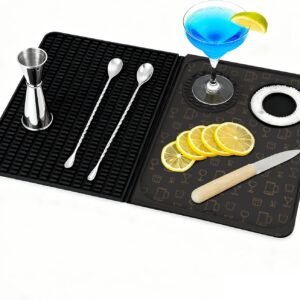 Bar Mat for Countertop，Bar Mat, Multifunctional Folding Cocktail Mat with Cutting Board, 18" X 12"(Black) Drying Mats,Bar Accessories, Bar Decorations for Home, Outdoor Bar Accessories,Travel