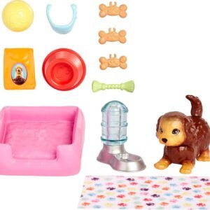 Barbie Pets and Accessories, Interactive Wagging & Nodding Puppy Playset with Pet Bed, 11 Total Animal-Themed Pieces