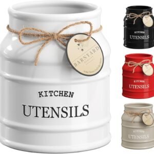 Barnyard Designs Ceramic Farmhouse Utensil Holder for Kitchen Counter, Large Rustic Utensil Crock, Countertop Cooking Tool Spatula Organizer, 6.75” (White)