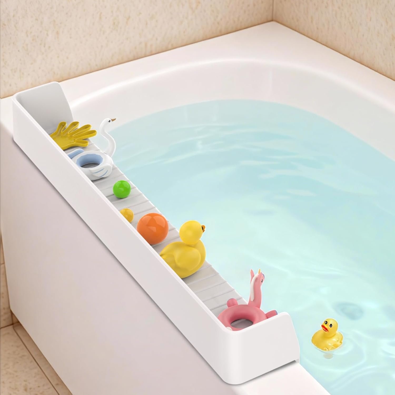 Bathtub Splash Guard Play Shelf Over Tub 31” with Strong Suction Cups, Silicone Tub Water Guards Toy Tray Holder No Mess Water Spill in Bathroom-White
