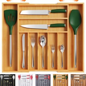 Bellsal Large Premium Bamboo Silverware Organizer - Expandable Utensil Drawer Organizer - 17"x19.6" Utensil Holder and Cutlery Tray with Grooved for Kitchen Flatware and Utensils Mother's Day Gift