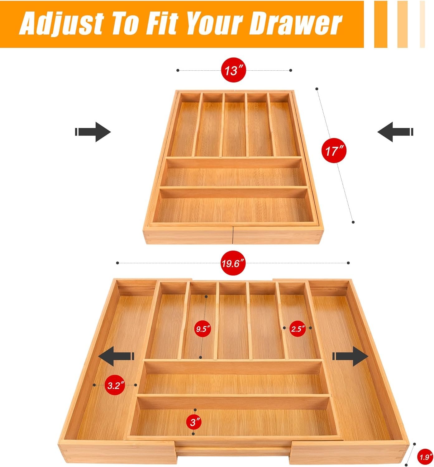 Bellsal Large Premium Bamboo Silverware Organizer - Expandable Utensil Drawer Organizer - 17"x19.6" Utensil Holder and Cutlery Tray with Grooved for Kitchen Flatware and Utensils Mother's Day Gift - Image 2