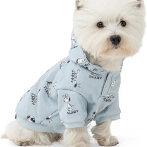 Berkshire Peanuts® Dog Hoodie, Pet Sweater with Leash Hole & Elastic Sleeve, Snug Fit for Puppies, Kittens, and Small Dogs, Small, Snoopy Different Emotion Sheet Scale Murky Blue
