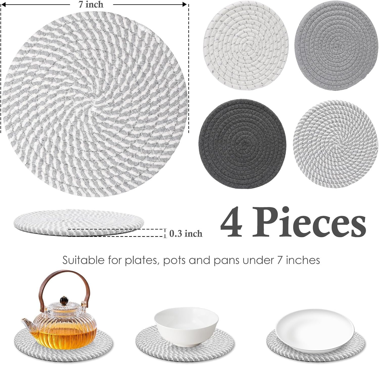 Billbotk 7" Trivets for Dishes, Pots and Pans, 4 Heat Resistant Hot Pads, Pot Holders for Kitchen, Plate Mats for Countertops, Table, Home Essentials, Farmhouse Decor - Image 2