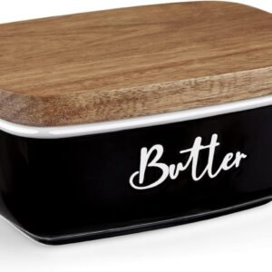 Black Butter Dish, ALELION Large Ceramic Butter Dish with Lid for Countertop, Butter Keeper Container with Acacia Wooden Lid, Kitchen Decor and Accessories for Counter