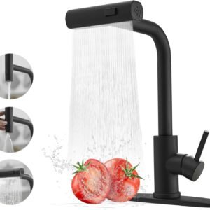Black Kitchen Faucets with Pull Down Sprayer,Waterfall Kitchen Sink Faucet,Commercial Utility Stainless Steel Kitchen Faucets,Single Handle Kitchen Sink Faucet with Pull Down Sprayer for 3 Function