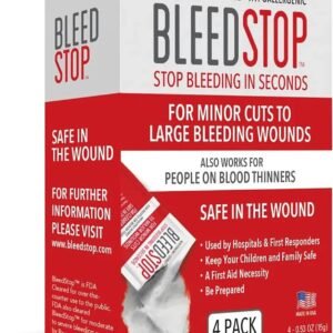 BleedStop™ First Aid Powder for Blood Clotting, Trauma Kit, Blood Thinner Patients, Camping Safety, and Survival Equipment for Moderate to Severe Bleeding Wounds or Nosebleeds - 4 (15g) Pouches