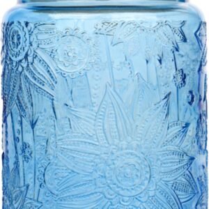 Blue Vintage Glass Candy Jar with Airtight Bamboo Lid, 23.7oz Kitchen Storage Canister for Sugar, Coffee, Tea, Cookies, Bath Salt - Decorative Mason Jar for Pantry & Counter(Blue, 23.7 fl oz)