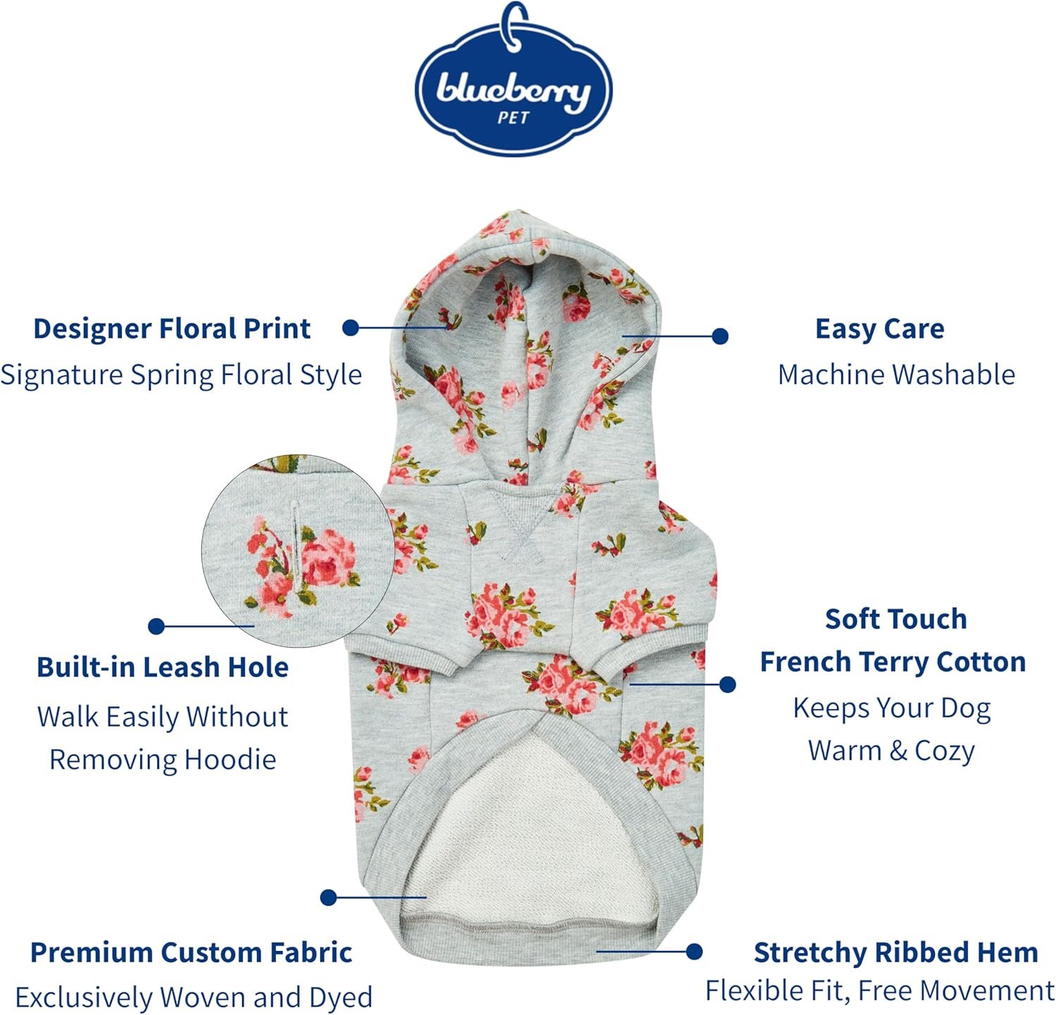 Blueberry Pet Floral Dog Hoodie, Rose Print Pullover Sweatshirt for Small Dogs, 10" Back Length, Lightweight Spring Outfit in Stylish Grey - Image 2