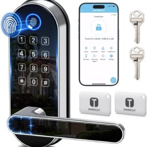 Bluetooth Fingerprint Smart Lock with Handle & Keypad – Fits Most US Doors, DIY Install, Keyless Entry: Code, FOB, Auto-Lock. Ideal for Home, Airbnb, Rental, Kids, Seniors. Alexa & Google Compatible