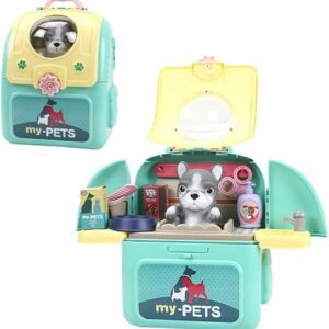 Bnineteenteam Pet Cat Dog Carrier Backpack Toy, Kids PetPlay House Set with Dog Cat Grooming Kit for Children (Sky-Blue