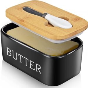 Butter Dish with Lid: Large Butter Dish for Countertop - Ceramic Butter Keeper Container with Knife and High Quality - Silicone Sealing Butter Box for Home Decor Good Kitchen Gift Black