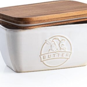 Butter Dish with Lid for Countertop, Farmhouse Ceramic Butter Keeper with Acacia Wood Lid, Large Porcelain Butter Container for Kitchen Decor and Accessories, Off-White