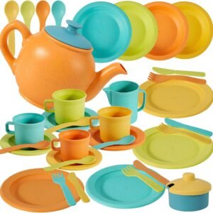 Buyger Kids Kitchen Accessories and Tea Set for Toddlers 3-5, Play Kitchen Toy Dish Plates Utensils Dinnerware Set Pretend Role Play Gifts for Ages 3 4 5 Years Olds Children Boys Girls