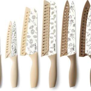 CAROTE 12PCS Knife Set, Kitchen Knife Set with 6 Blade Guards, Stainless Steel Knives Set With Nonstick Ceramic Coating, Rustproof, Delicate Floral Designs, White