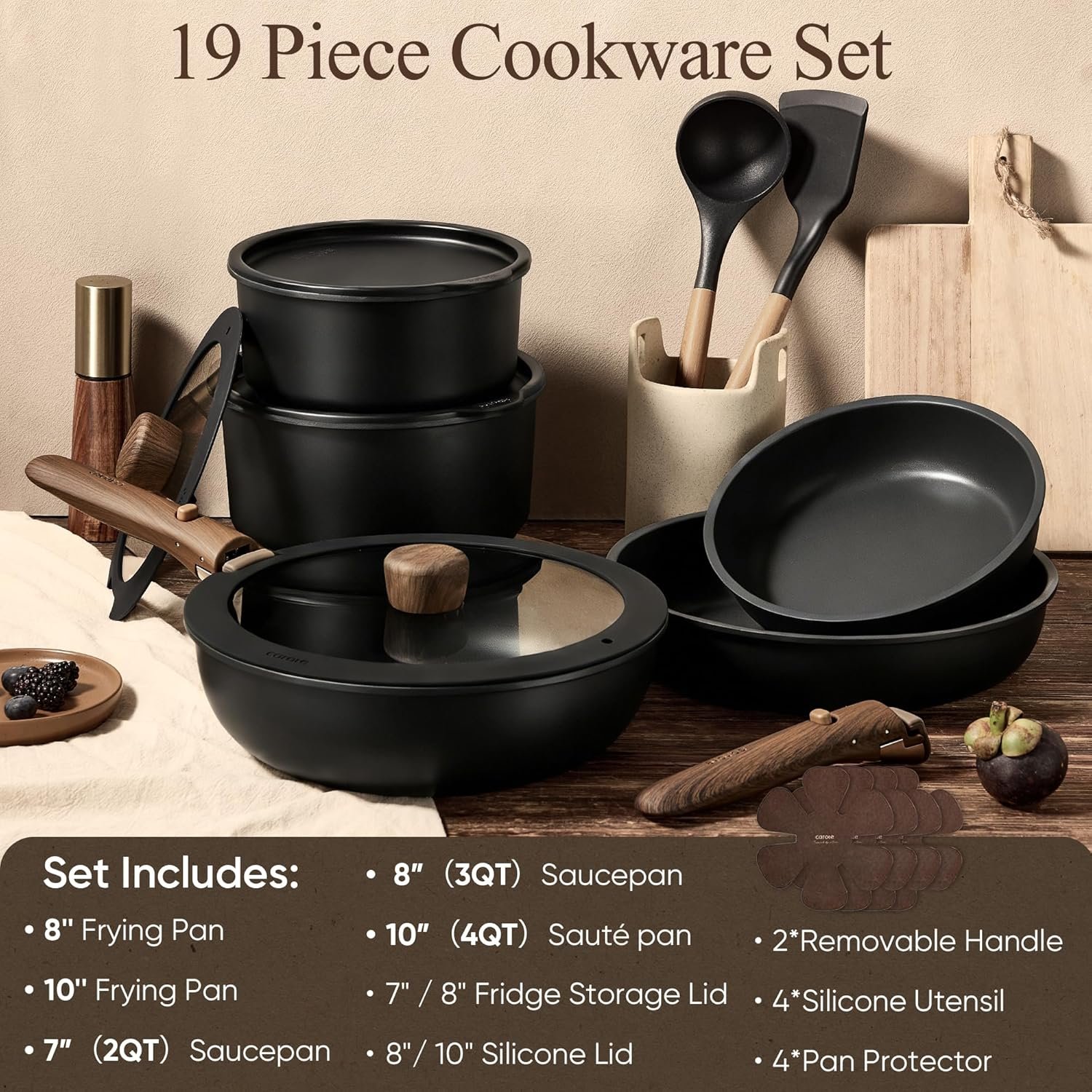 CAROTE 19pcs Pots and Pans Non Stick, Cookware Sets Detachable Handle, Induction Kitchen Pots and Pans,NonStick Cooking Set, Oven/Dishwasher/Fridge Safe, Space Saving - Image 2