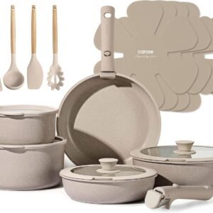 CAROTE 19pcs Pots and Pans Set Non Stick, Nonstick Cookware Set Detachable Handle, Induction Kitchen Cooking Sets with Removable Handle, RV Kitchen, Oven Safe, Taupe