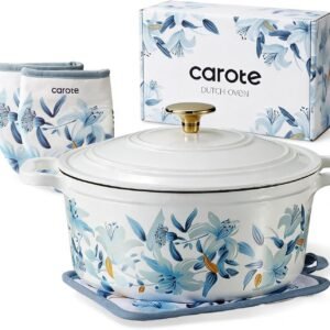CAROTE 5 QT Cast Iron Dutch Oven Pot with Lid, Enameled Floral Dutch Ovens with Cotton Potholders & Oven Gloves, Gift Box, Cast Iron Pot for Sourdough Bread Baking, Braising, Stews, Roasting, Dual Handles, All Stovetop Compatible, Oven Safe up to 500° F, White & Blue