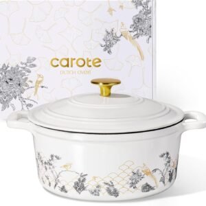 CAROTE 5QT Cast Iron Dutch Oven Pot with Lid, Enameled Floral Dutch Ovens with Gift Box, Cast Iron Pot for Sourdough Bread Baking, Braising, Stews, Roasting, Dual Handles, Healthy & Non-Toxic, All Stovetop Compatible, Oven Safe up to 500° F, White