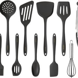 CAROTE Kitchen Utensil Set for Nonstick Cookware - 446°F Heat Resistant Silicone Cooking Utensils Set 10pcs, Dark Grey, Oderless Spatula, Turner