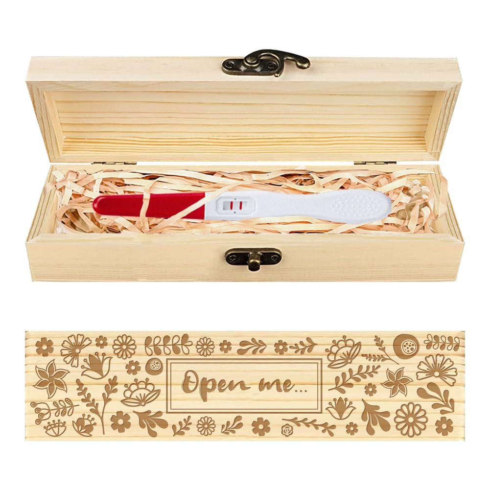 CHGCRAFT Pregnancy Test Keepsake Box Artistic Flowers Wooden Pregnancy Announcement Gifts Box with Raffia Ribbon and Lock Announcement Gifts for Dad Husband, 8x2x1.2inch
