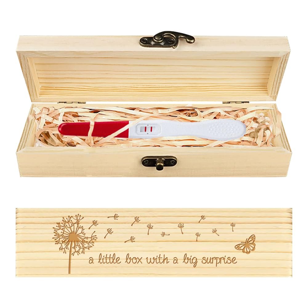 CHGCRAFT Pregnancy Test Keepsake Box Butterfly Dandelion Wooden Pregnancy Announcement Gifts Box with Raffia Ribbon and Lock Wooden Keepsake Box Announcement Gifts for Dad Husband, 8x2x1.2inch