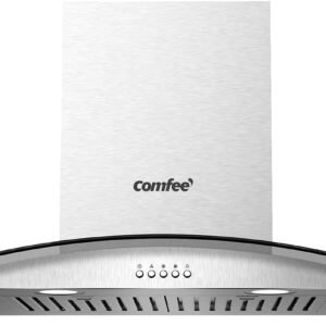 COMFEE' CVG30W8AST 30 Inches Ducted Wall Mount Vent Range Hood with 450 CFM 3 Speed Exhaust Fan, Baffle Filters, Curved Glass, 2 LED Lights, Convertible to Ductless, Stainless Steel